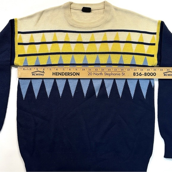 HEAD Geometric Wool Blend Sweater Retro Knit Pullover Navy Yellow Blue Large - Picture 6 of 12